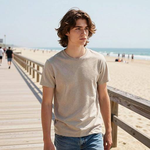Photograph of a young man with wavy brown hair, wearing a light grey t-shirt and blue jeans, walking on a sunny beach boardwalk.