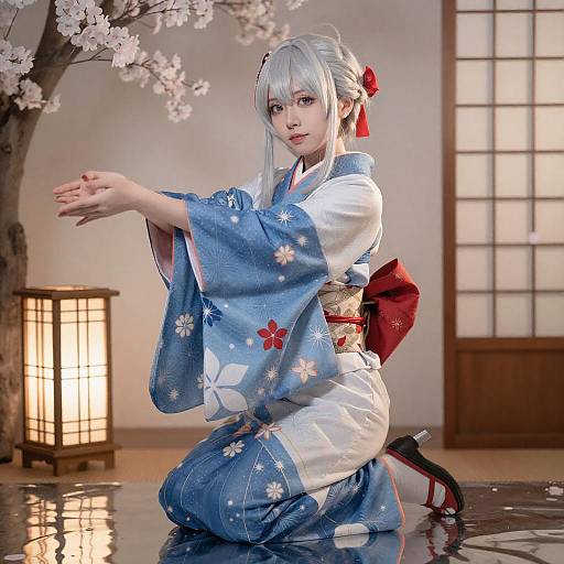 Silver-Haired Anime Girl in Kimono