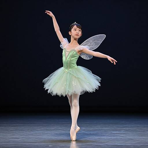 Photograph of a young Asian ballerina in a light green tutu with transparent fairy wings, en pointe, performing a graceful ballet pose on