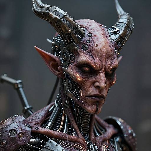 Photorealistic CGI of a cybernetic, horned demon with wrinkled, purple-skinned face, glowing eyes, and metallic enhancements against a