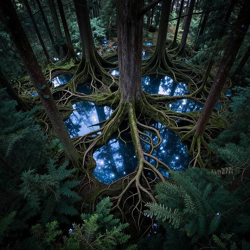 Photograph of a dense forest with towering trees, their thick, intertwined roots visible above a reflective, blue-tinted forest floor.
