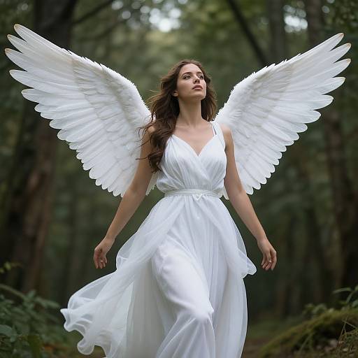 Photograph of a brunette woman with white angel wings, wearing a flowing white dress, standing in a lush, green forest.