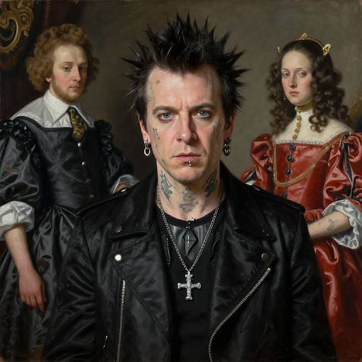 Digital art: Punk man with spiked hair, tattoos, black leather jacket, cross necklace, in front of 18th-century dressed woman and boy.
