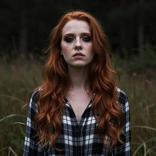 Photograph of a pale, red-haired woman with long wavy hair, wearing a black-and-white checkered shirt, standing in a dark, grass