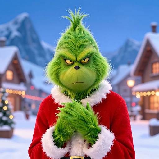 CGI image of a grumpy green, anthropomorphic bird in a red Santa coat, standing in a snowy, mountain village at dusk.