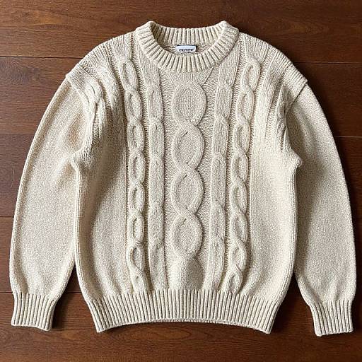 Photograph of a cream-colored, knitted cable-pattern sweater with ribbed cuffs and hem, laid flat on a dark wooden floor.