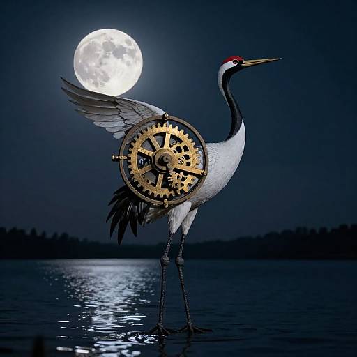 Photograph of a white crane with black wings and red crown, standing in water at night, holding a large clock gear in its wing, with a