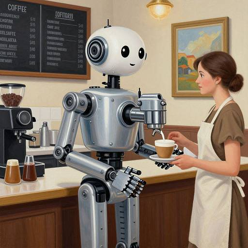 Digital illustration of a robotic barista with a human-like face, serving a coffee to a brunette woman in a brown shirt and white apron in a