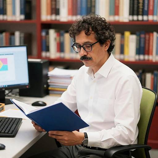Focused Man in Library Office Setting