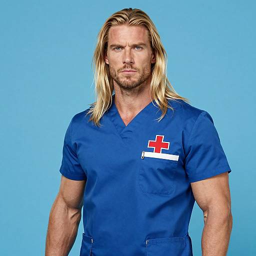 Photograph of a muscular, blonde-haired man with a beard, wearing a blue medical uniform with a red cross, against a solid blue background.