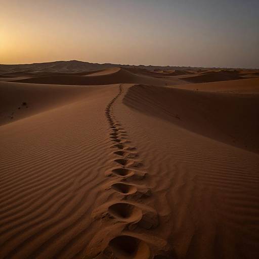 Photograph of a desert sunset with a winding trail of footprints in the sand, leading into rolling, ridged dunes under a gradient sky.