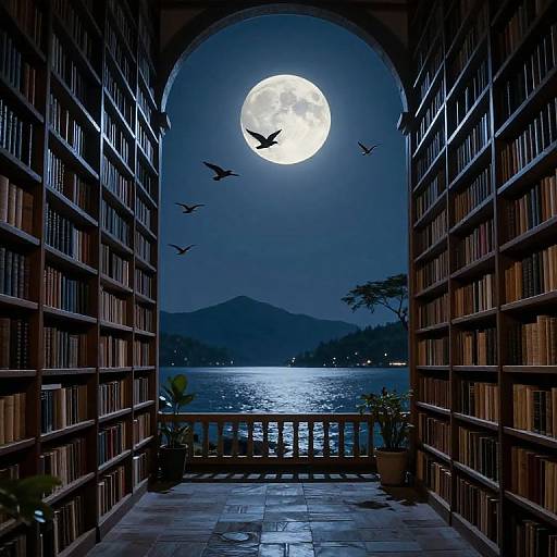 Moonlit Courtyard with Soaring Birds