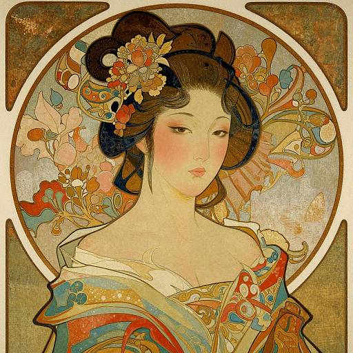 Traditional Japanese woodblock-style portrait of a serene woman with fair skin, dark hair adorned with flowers, wearing an elaborate, colorful kimono.