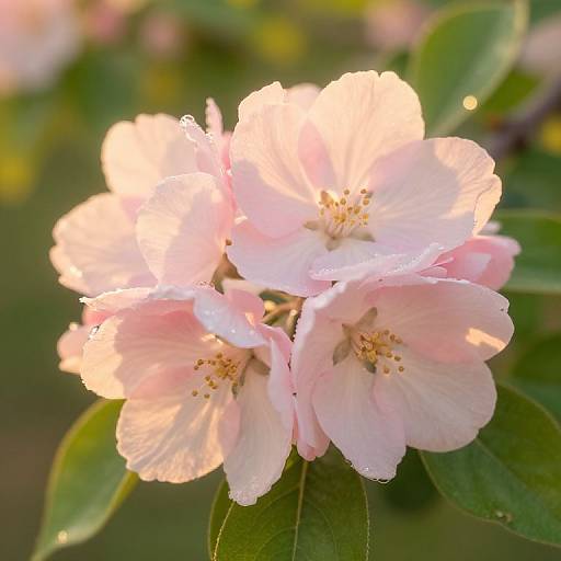 Photograph of soft pink cherry blossoms with delicate white edges and yellow stamens, illuminated by sunlight, against a blurred green leafy background.
