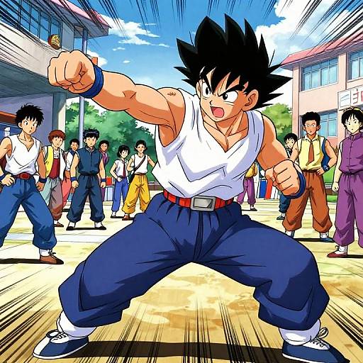 Digital anime-style drawing of muscular, black-haired Goku in white tank top and blue pants, throwing a powerful punch in a school courtyard with other Dragon Ball