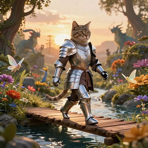 Photorealistic CGI of a tabby cat in shining medieval armor walking on a wooden bridge over a colorful garden pond at sunset.