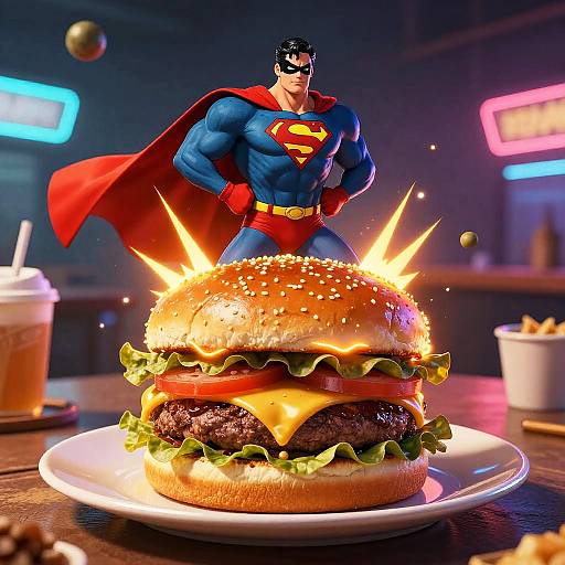 CGI image of Superman, in blue suit and red cape, striking a giant cheeseburger with glowing effects, neon-lit diner background.