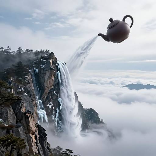 Photorealistic digital artwork: a black teapot mid-air, pouring water onto a misty, cliffside waterfall with ice formations, surrounded by clouds