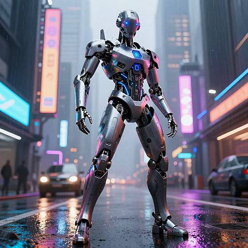 CGI image of a futuristic, metallic humanoid robot standing in a neon-lit, rainy city street, with blurred cars and buildings.