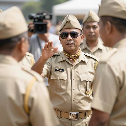 Sunglassed Officer Gesturing Amidst Uniformed Colleagues