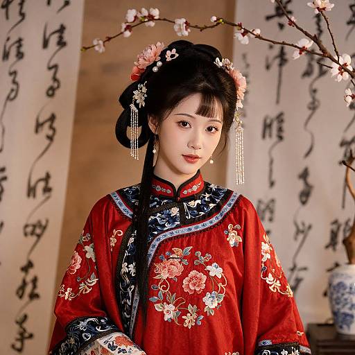 Photograph of a young Asian woman in a red floral kimono with intricate embroidery, adorned with pink flowers and hairpins, standing in front of call
