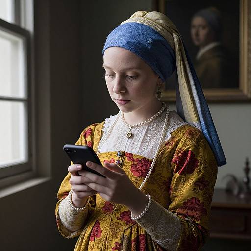 Photograph of a young woman in Renaissance-style clothing with a blue headscarf and yellow dress, intently looking at a smartphone in a dimly