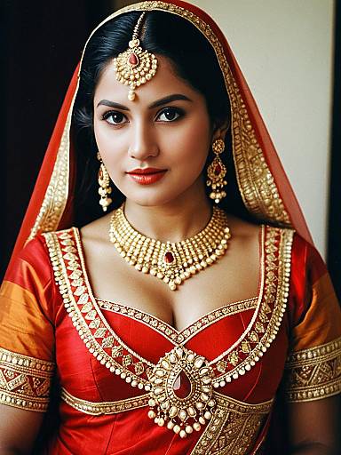 Elegant Woman in Red and Gold Leheni