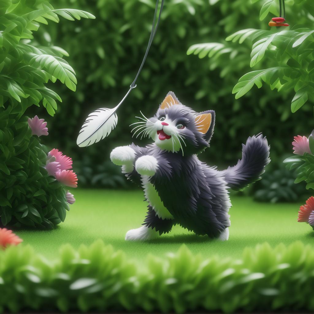 Fluffy Kitten Chasing a Feather in Garden