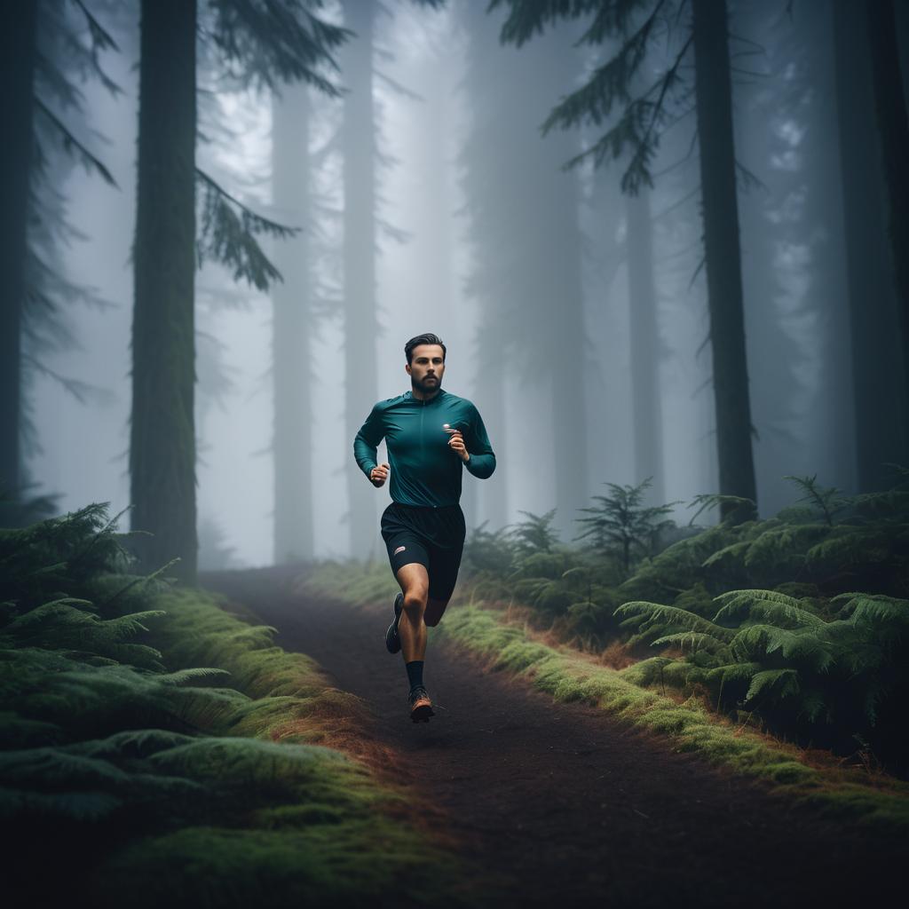 Cinematic Vintage Athlete in Foggy Forest