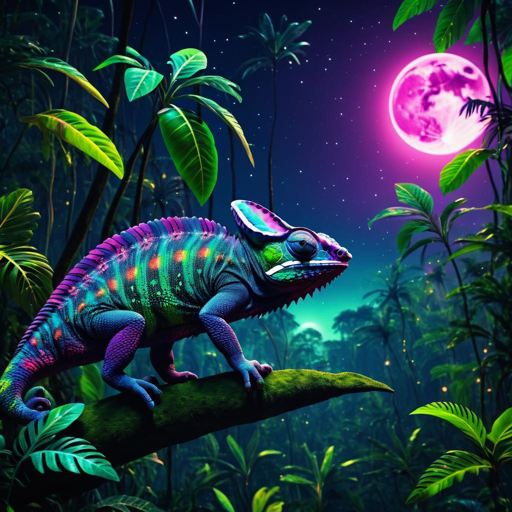 Cinematic Matte Painting of Night Jungle Chameleon