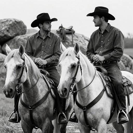 Two Cowboys on Horses Black and White
