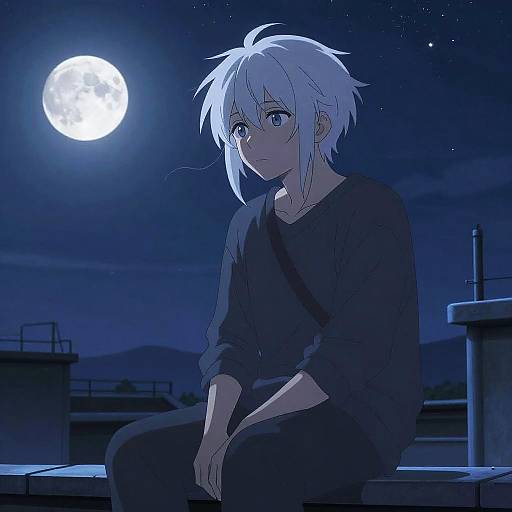 Anime-style digital artwork of a white-haired, blue-eyed character in a black shirt, sitting on a rooftop under a bright full moon.