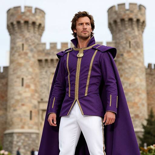 Photograph of a handsome, dark-haired man in a purple, gold-trimmed medieval-style jacket and white pants, standing before a stone castle with