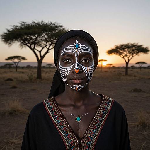 Photograph of an African woman with white facial paint, wearing a black headscarf and traditional dress, standing in a savannah at sunset with ac