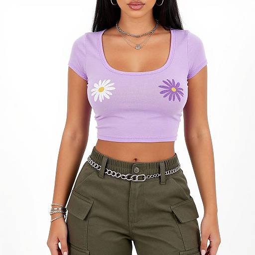 Photograph of a woman with long black hair, wearing a white crop top with purple and white daisy prints, green cargo pants, silver chain belt