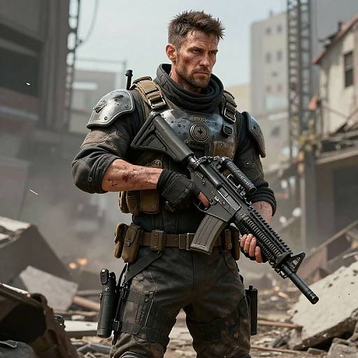 Photorealistic CGI of a rugged, bearded male soldier in black tactical gear with armor, holding a rifle in a ruined, war-torn urban