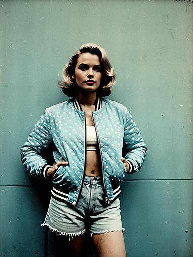 Woman in Polka Dot Bomber Jacket and Denim Shorts