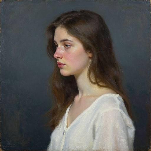 Digital painting of a young woman with fair skin, long brown hair, and a white, sheer blouse, facing left against a dark blue background.