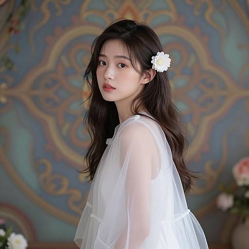 Photograph of an Asian woman with long black hair, wearing a sheer white dress and white flower in her hair, against an ornate, blue and