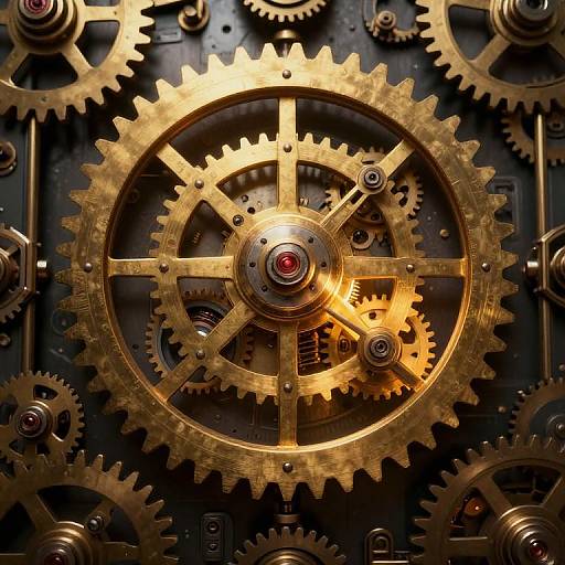 Photograph of intricate golden clockwork gears with a central red ruby, set against a dark, metallic background, showcasing detailed interlocking mechanisms and glowing highlights