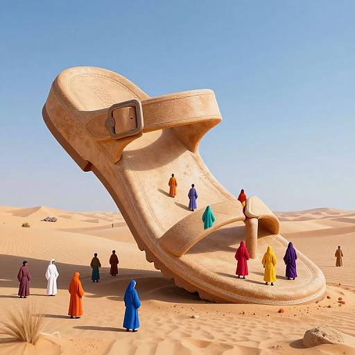 CGI image of a giant sandal in a desert, with colorful, veiled people standing and walking around it under a clear blue sky.