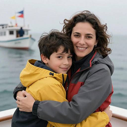 Mother and Son Embrace on Boat