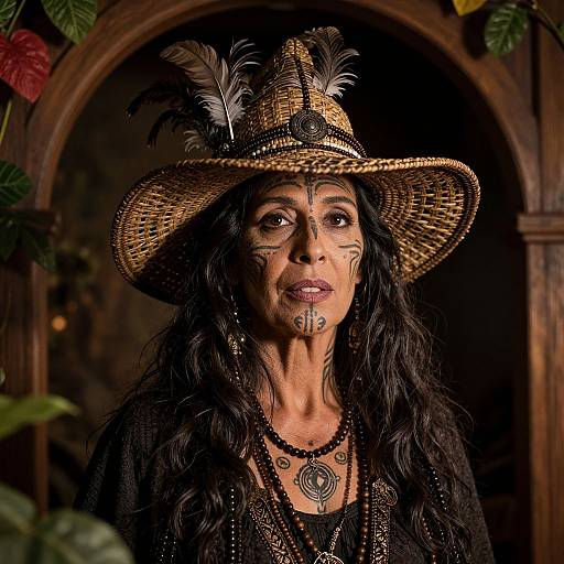 Photograph of an older woman with dark skin and black hair, wearing a woven hat with feathers, black face paint, and intricate jewelry, standing in