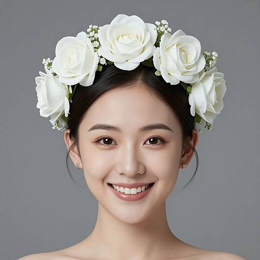 Photograph of a smiling Asian woman with fair skin, dark hair, wearing a white flower crown, and small hoop earrings, against a gray background.