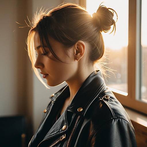 Young Woman with Side Bun Wearing Leather Jacket