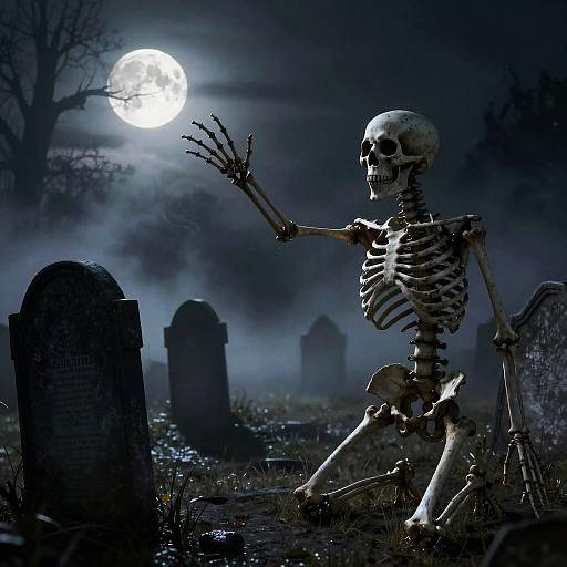 Photograph of a skeletal figure with outstretched hand, sitting in a moonlit graveyard, surrounded by dark, foggy tombstones and eerie trees