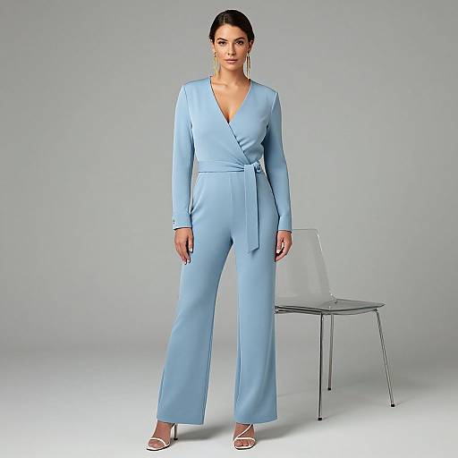 Photograph of a confident woman in a light blue, long-sleeve, wrap-front jumpsuit with a belt, standing beside a clear chair,