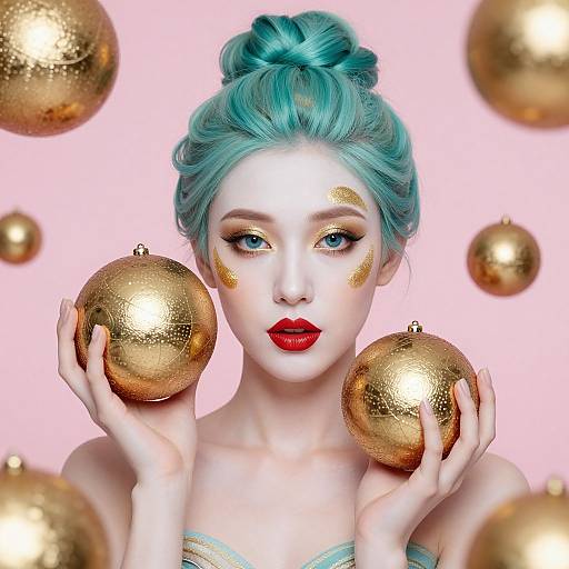 Surreal Woman with Turquoise Hair and Gold Orbs