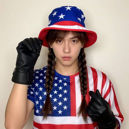 Young woman with braided brown hair, wearing star-spangled hat and shirt, black gloves, against white background, in patriotic costume.