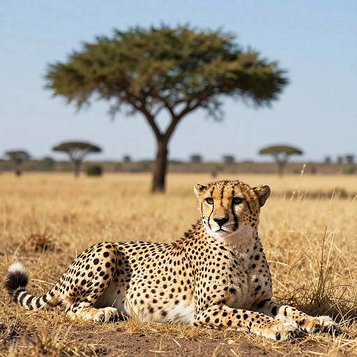 Photograph of a spotted cheetah lying in golden savanna grass, with a large acacia tree and clear blue sky in background.